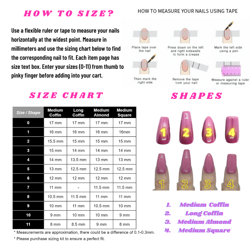 MW Custom Nails - Before ordering you have to look for your nail sizes!  With these two methods you can find your personal sizes. The SIZE CHART is  important. Measure your nail